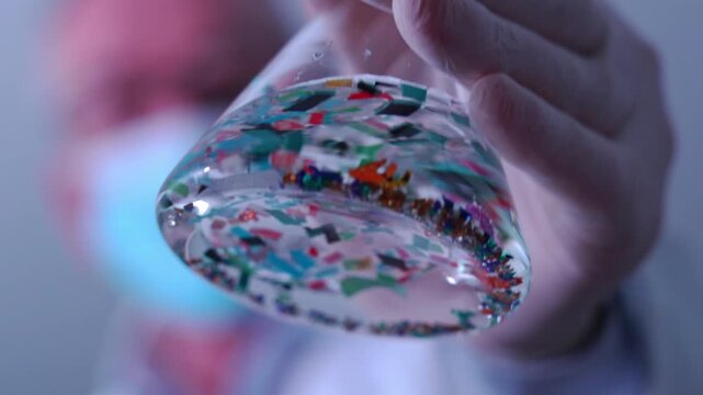 Laboratory researcher mixing a flask containing water and microplastic particles pollution