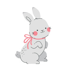 Fototapeta premium Cute grey bunny with pink bow. Kawaii rabbit character isolated on white background