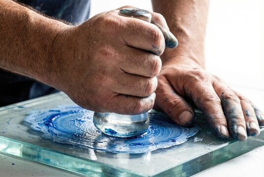 Artist grinding blue pigment on glass with a glass muller tool
