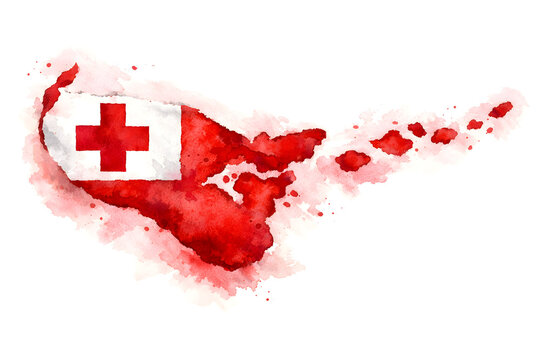 Watercolor map of Tonga in flag colors, red islands with white canton and red cross, soft ink texture, artistic splashes, minimal composition isolated on white background.
