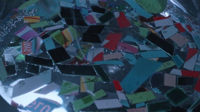 Colorful microplastic waste particles from credit cards swirling in polluted liquid