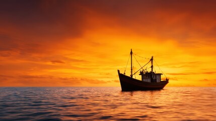Fototapeta premium A silhouette of a fishing boat on calm waters during a vibrant sunset, with warm colors illuminating the sky.