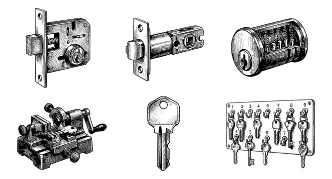 Vintage illustration of locksmith tools and hardware including locks, keys, and a key cutting machine