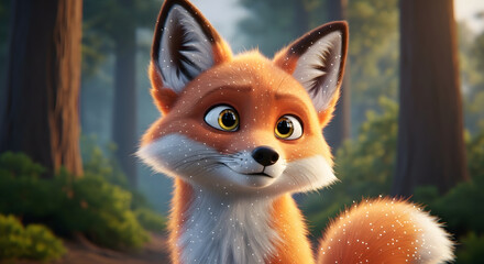Fototapeta premium Magical Hyper-Realistic Cartoon Fox in Enchanted Forest – Cinematic Lighting & Ultra Detailed Fur