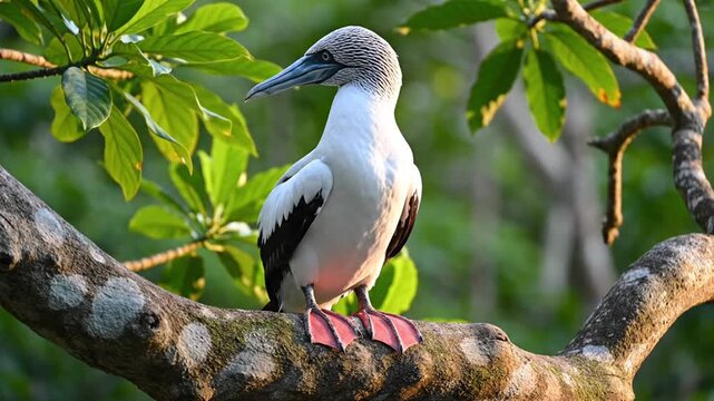Blue-Footed Booby Perched on a Tree Branch with Green Leaves in Natural Habitat