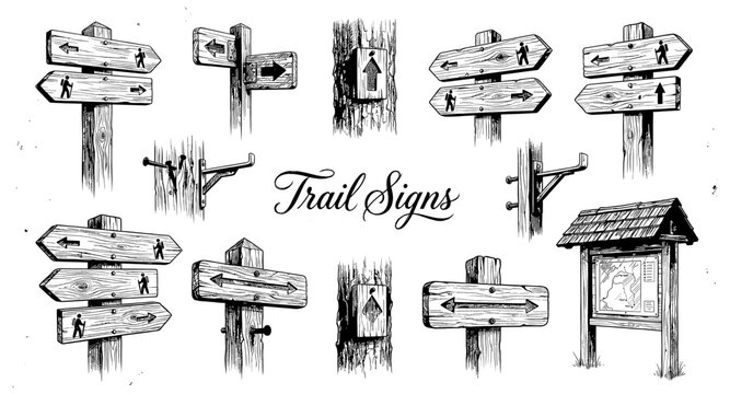 Collection of hand-drawn wooden trail signs and information boards for outdoor navigation