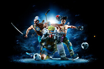 Naklejka premium Multi-sport collage depicting various sports and hobbies. Athletes on a beautiful black background with a flash of light behind them. Isolated on a black background. A joyful collage of several sports