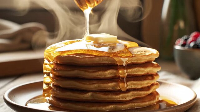 Delicious stack of pancakes with butter and syrup being poured