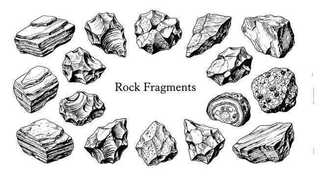 Collection of diverse rock fragments and geological samples in detailed illustration