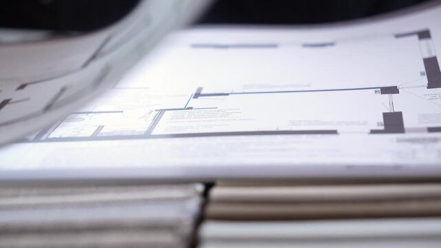 album of drawings interior design project. designer leafing through an album with drawings. close-up, engineering, construction, business