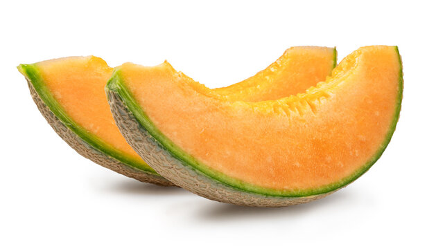 Cantaloupe melon slices isolated on white background. File contains clipping path.