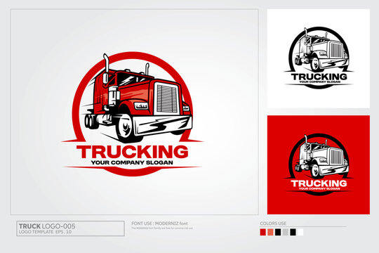 Bold semi truck emblem logo for transportation and logistics businesses, conveying power, speed and reliability. Modern badge good for freight, delivery, trucking companies and corporate branding.