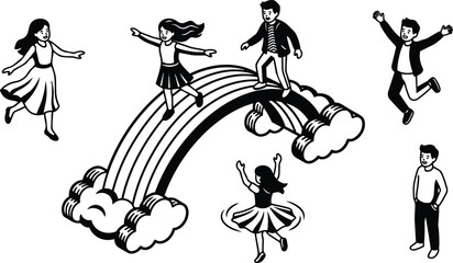 Fototapeta premium Black and white line art children playing on rainbow and clouds with spinning girl and jumping boy