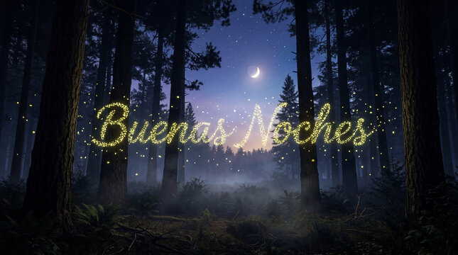 Buenas noches glowing text in forest night magical peaceful scene