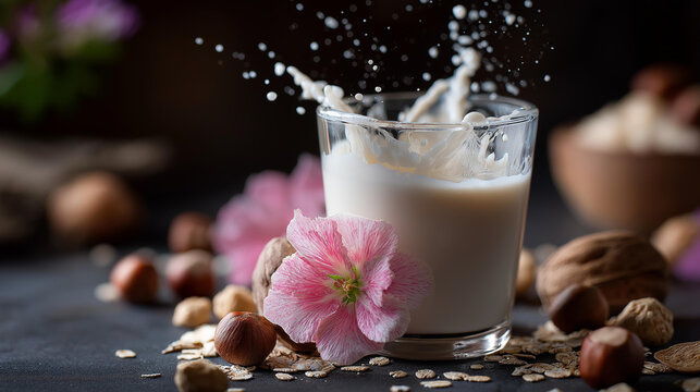 Glass of milk splashing dynamically with hazelnuts and oats, surrounded by scattered nuts and pink flower on dark background, natural ingredient food composition concept, with