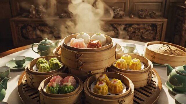 Dim Sum Steam Dumplings in Bamboo Steamer with Tea Set