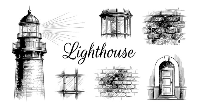 Collection of hand-drawn lighthouse elements and architectural details in sketch style