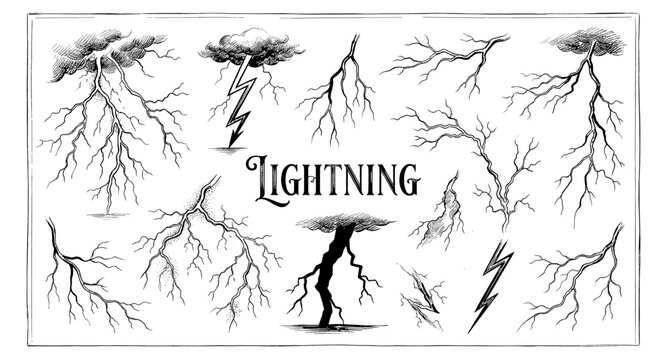 Collection of vintage lightning bolt illustrations with clouds and text