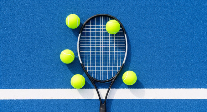 Vibrant sports setup a tennis racket symmetrically placed with five bright yellow tennis balls on a striking blue hard court, featuring a clear white line, ready for an intense game