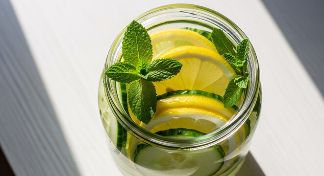 Refreshing cold infusion of lemon and cucumber slices with fresh mint leaves in a glass jar