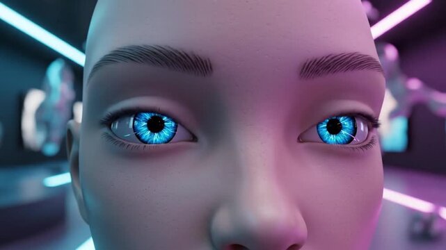 Futuristic Portrait with Blue Eyes in Neon Cybernetic Scene