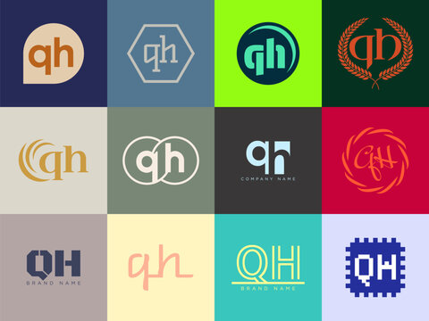 QH logo company template. Letter q and h logotype. Set different classic serif lettering and modern bold text with design elements. Initial font typography.