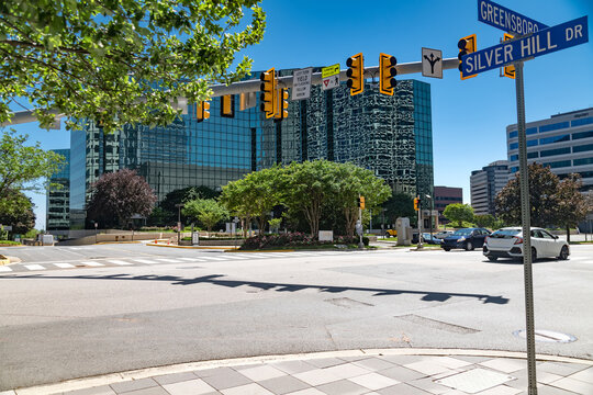 Street architecture, business buildings and roads in Tysons, Virginia.