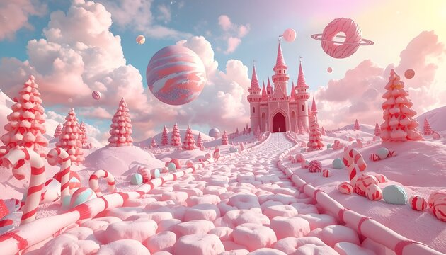 ​Surreal candy land landscape with marshmallow road and chocolate castle for kids background