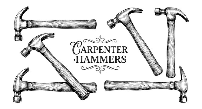 Collection of vintage carpenter hammers with wooden handles, hand-drawn illustration