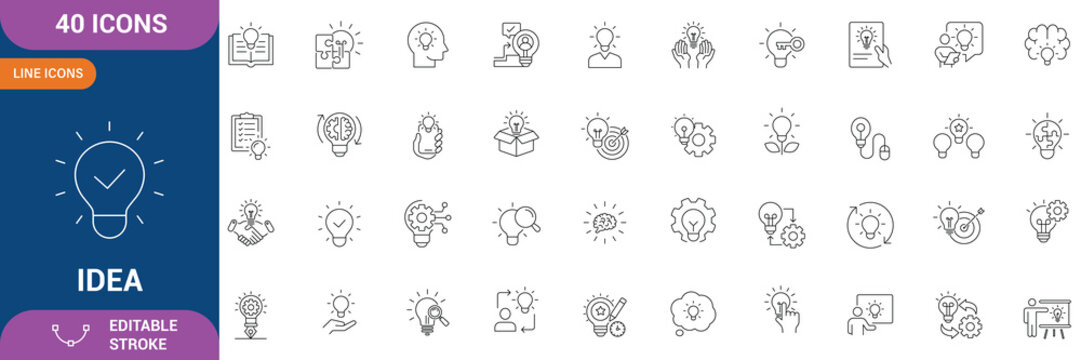 Idea icon set. Containing Creative idea, brainstorming, solution, thinking, innovation, inspiration, creativity, problem solving, strategy and etc. Line Icon. Editable stroke. Vector file.