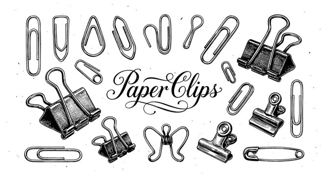 Collection of various paper clips and binder clips in a vintage illustration style