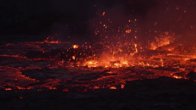 Lava eruption with glowing molten rock spreading across dark terrain in volcanic landscape