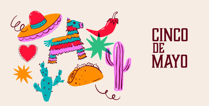 Cinco de Mayo Mexican holiday celebration background with hand-drawn decorative elements, symbols and icons