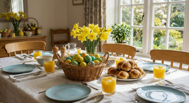 
Dining table prepared for easter celebration brunch featuring daffodils, hot cross buns, colored eggs, and orange juice under natural light. Ai generated