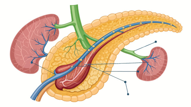 A detailed illustration of the human kidney anatomy with labeled components and blood vessels.
