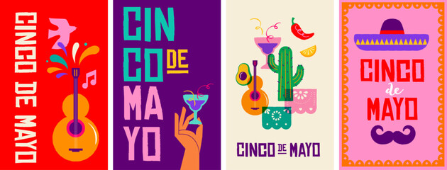 Cinco de Mayo Mexican holiday celebration vertical poster, banner and greeting card designs.