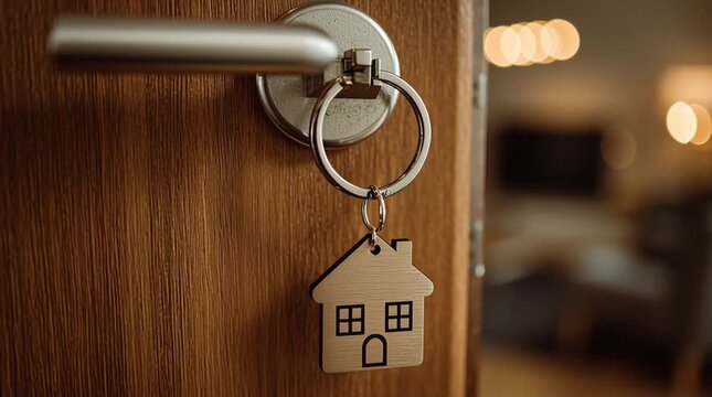 A video showcasing a house key on a door with a blurred interior background