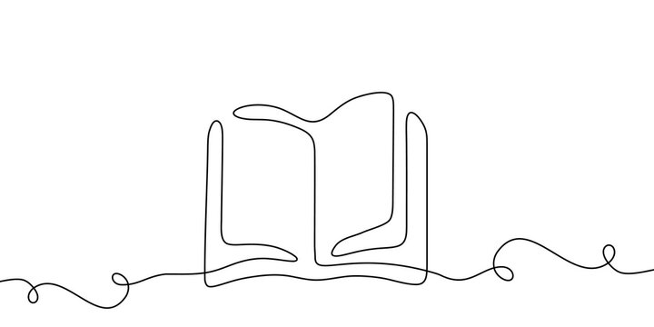 Continuous one line book art line education open read illustration. Book one line school icon sketch study outline research shelf paper drawn stack old background bible hand library doodle pen write.