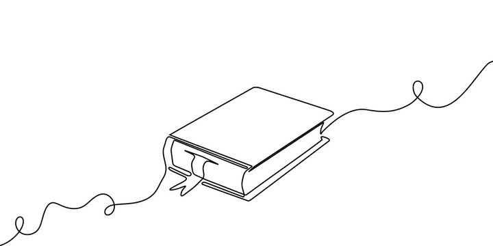 Continuous one line book art line education open read illustration. Book one line school icon sketch study outline research shelf paper drawn stack old background bible hand library doodle pen write.
