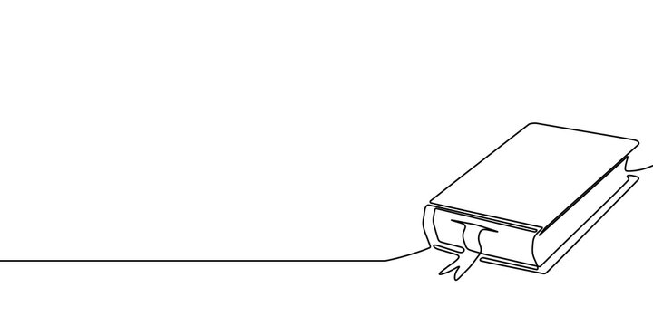 Continuous one line book art line education open read illustration. Book one line school icon sketch study outline research shelf paper drawn stack old background bible hand library doodle pen write.