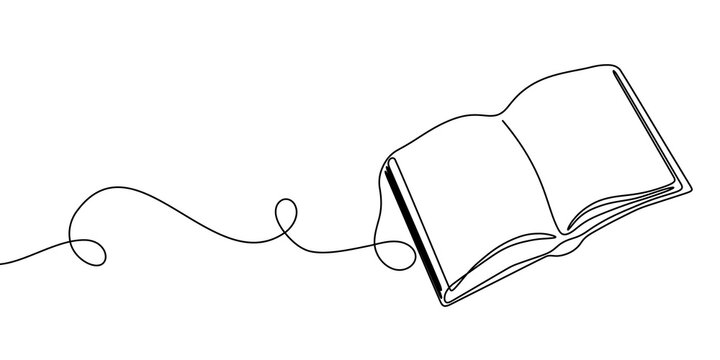 Continuous one line book art line education open read illustration. Book one line school icon sketch study outline research shelf paper drawn stack old background bible hand library doodle pen write.