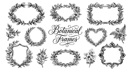 Obraz premium Collection of hand-drawn botanical frames and floral elements for design
