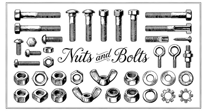 Collection of various nuts, bolts, screws, washers, and eye bolts in vintage illustration style