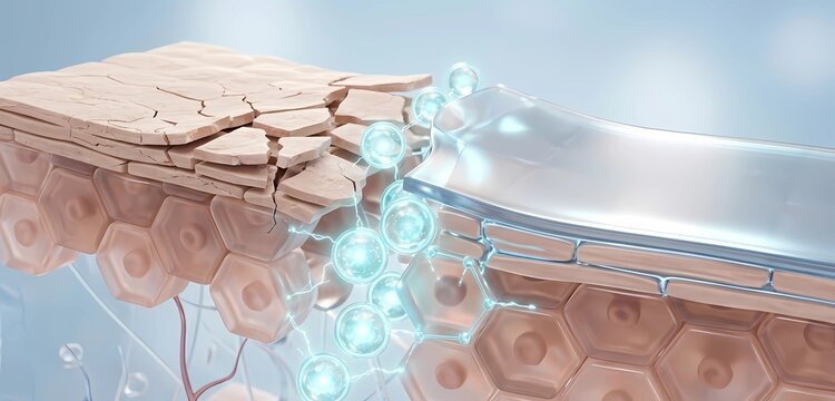 3D illustration of skin barrier repair process showing cracked skin restoration with protective molecular layer.