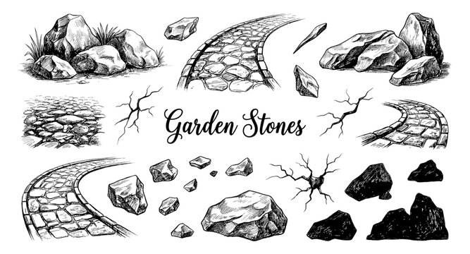 Collection of hand-drawn garden stones and pathways in sketch style