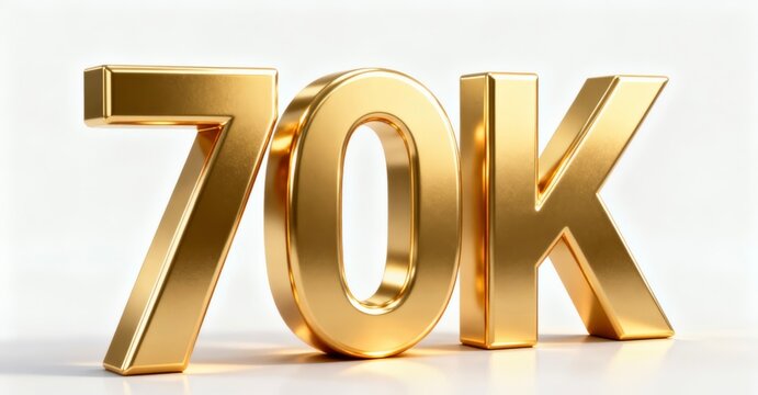 Golden 3D Number 70K on White Background for Web Design
