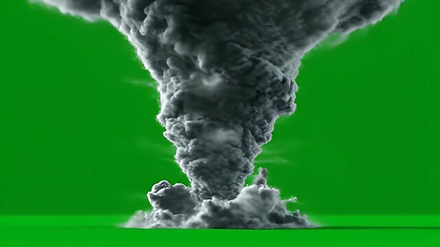 Dark grey tornado spinning with dust cloud on green screen background