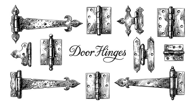 Collection of antique and vintage door hinges in a detailed sketch style