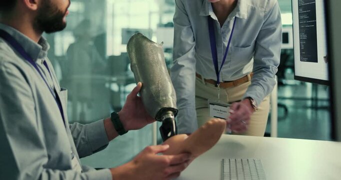 People, model or planning for prosthetic leg research, inclusive or future development. Prosthetist, teamwork or design for artificial limbs innovation with 3d foot or mobility feedback report