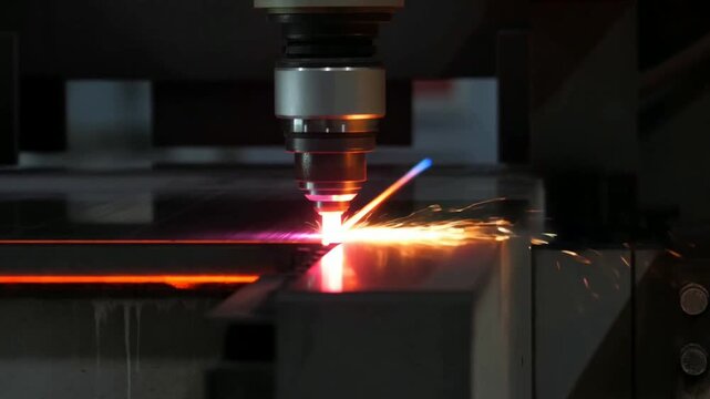 Industrial laser cutting machine slicing through thick steel plate with bright beam and sparks